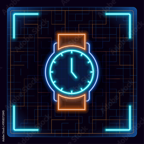Wristwatch pictogram symbol, wrist clock illustration. Cyber neon futuristic icon.
