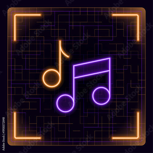 Musical note icon, music notation symbols for audio sound and melody design. Glowing icon with border grid vector.
