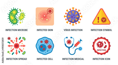 Vector graphics illustrating various medical icons representing infection, virus, and microbe concepts in a healthcare setting.