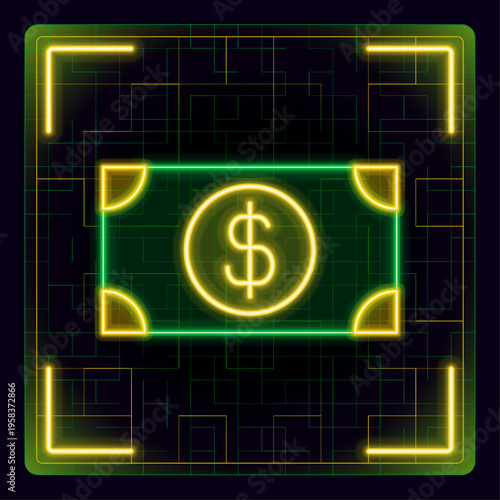 Banknotes money cash icon. Dollar bill illustration. Glowing icon with border grid vector. Business, salary, currency, banknote.