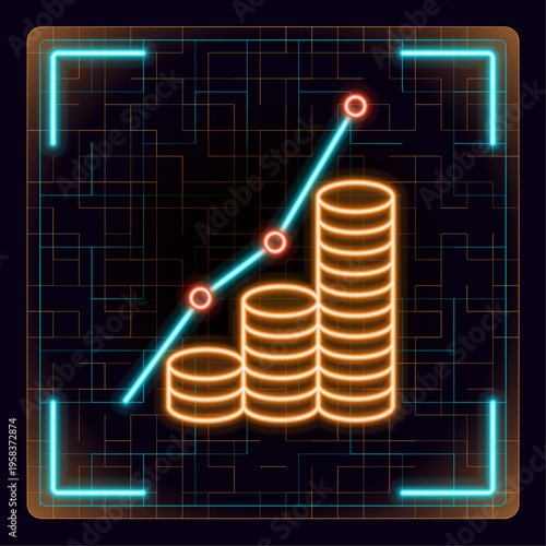 Growing money earnings graph illustration. Financial, business, progress and Investment. Growing stack of gold coins. Neon glow editable icon design.