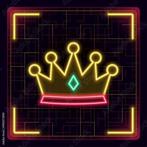 Golden neon crown, head tiara, diadem, decal, royal accessory. Cyber neon futuristic icon. Glowing border grid vector.