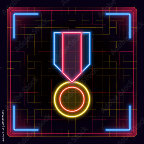 Medal badge award illustration. Neon futuristic tech, editable glowing icon.