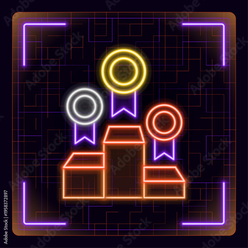 Podium and medals illustration. First, second and third place winners. Glowing icon with border grid vector.