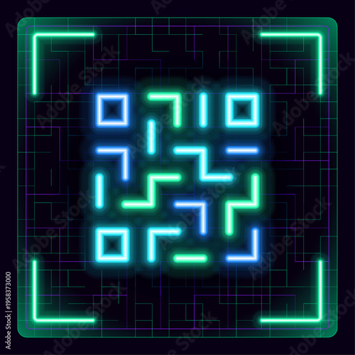 Digital scanning qr code label illustration. Glowing icon with border grid vector.
