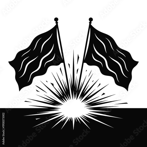 Two waving flags above an explosion with a stark black and white design