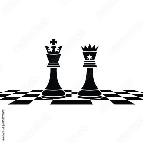 Black and white chess pieces a king and queen stand on a chessboard