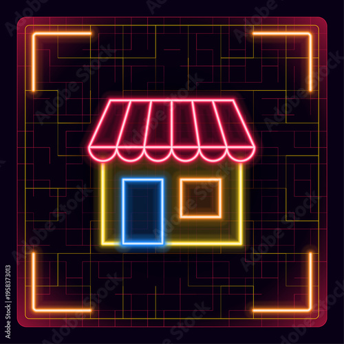 Marketplace or ecommerce shop illustration. Futuristic tech editable glowing illustration.