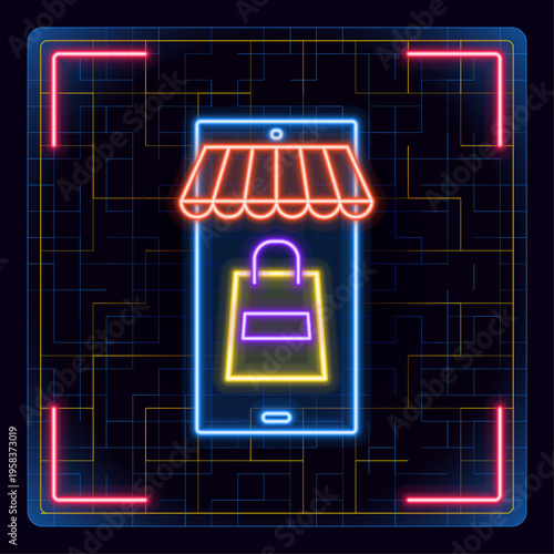 Shopping bag, online marketplace illustration. Neon glow editable icon design.