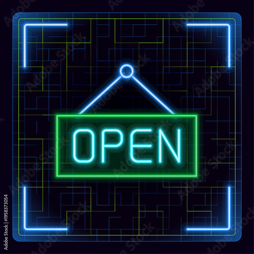 Open sign board icon. Futuristic tech editable glowing illustration. Business signboard hanging on a nail.