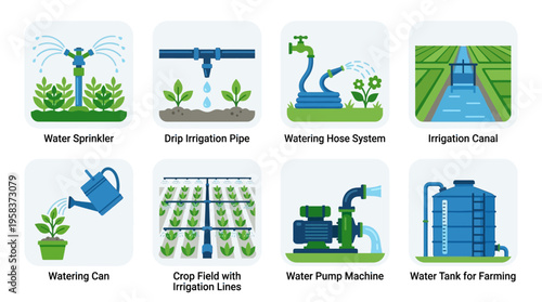 Vector illustration of a modern vector water irrigation system with a water sprinkler and a drip irrigation pipe in a lush green farm landscape.
