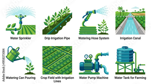 Vector illustration of various farming irrigation systems and tools in a green landscape with crops and plants.