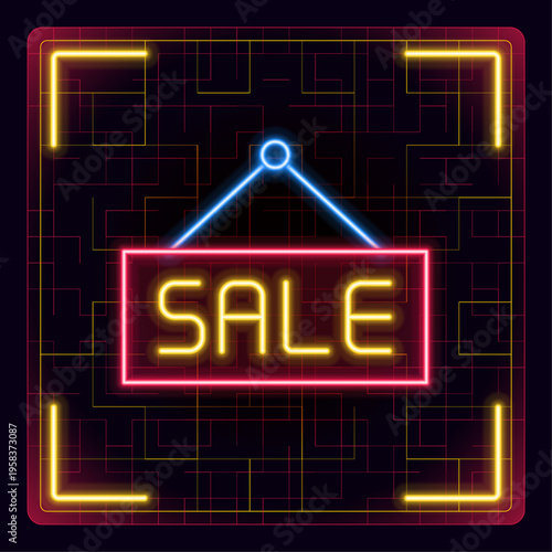 Sale sign board illustration. Glowing icon with border grid vector.