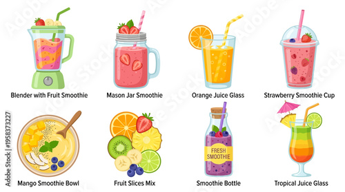 Vector illustrations of colorful smoothies and juices in various glasses and blenders with fruits