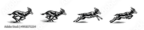 Dynamic running antelope silhouette vector illustration black and white wildlife art