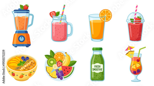 A vibrant vector illustration of a colorful drink menu with blender and various juices and fruits on a table indoors.