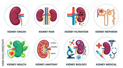 Vector illustrations of human kidney organ and pair with filtration nephron for medical education on biology and health conditions