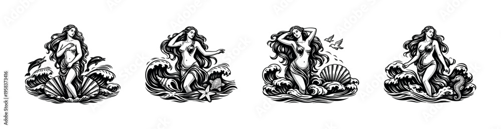 Fototapeta premium Vintage style mermaid and ocean illustrations set, black and white silhouette vector elements