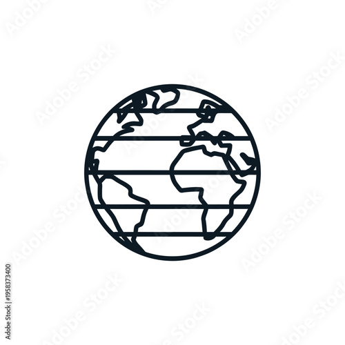Minimalist line art depicting a world globe with continental outlines