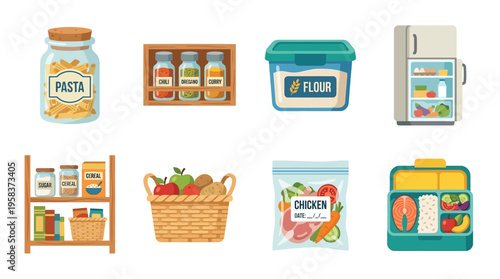 Vector illustration of a kitchen with various food items on shelves and in containers