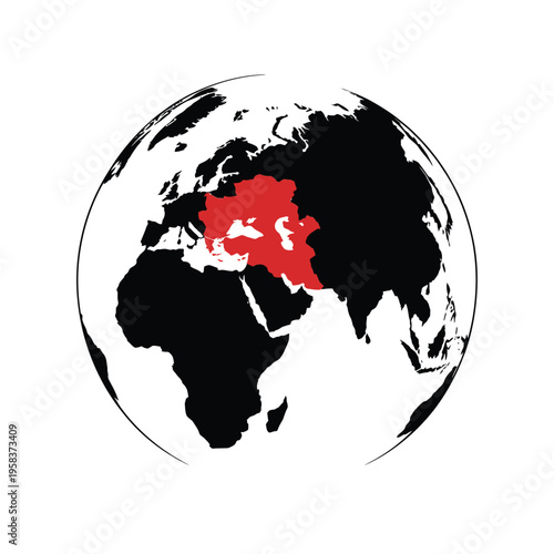 Stylized world globe highlighting the Balkan region in red