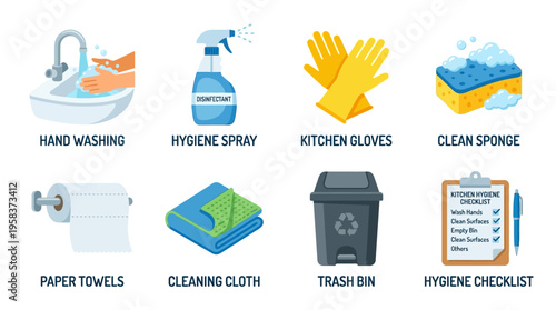 Vector illustration of a kitchen hygiene setup with cleaning tools and checklist in a modern indoor environment viewed from a neutral angle.