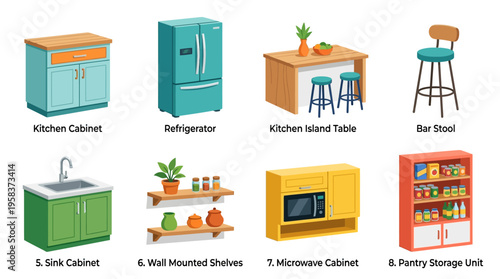 Vector graphics of various kitchen furniture including cabinets and appliances in a modern vector style setting with organized layout