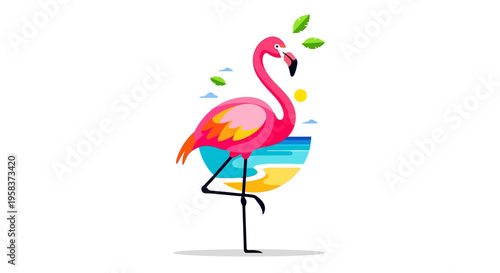 Vibrant Pink Flamingo Standing on One Leg Gracefully.