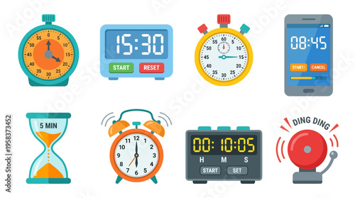 Vector illustration of various clocks and timers on display including stopwatch and alarm clock icons