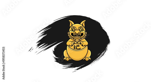 Golden Japanese Daruma Doll with Black Ink Brush Stroke - Luck Symbol