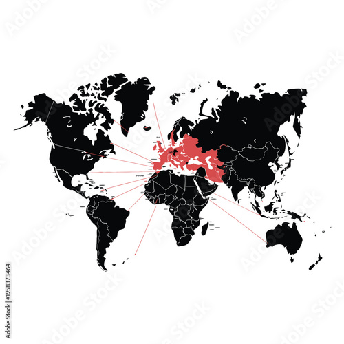 World map highlighting regions of europe and africa with red connections