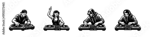 Black and white vector dj characters playing music on turntables, illustration, silhouette art