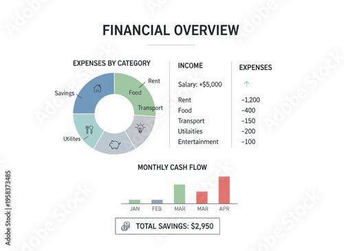 A financial overview graph shows monthly expenses and income statistics