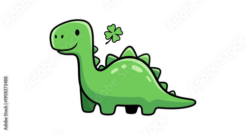 Cute green dinosaur with lucky clover, cartoon style, isolated on white