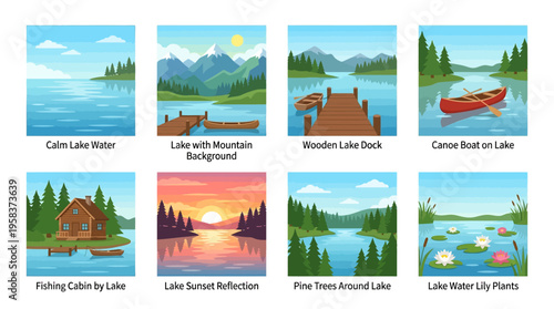Serene lake scene with vector illustrations of wooden dock, canoe boat, and surrounding pine trees reflected in calm lake water at sunset.