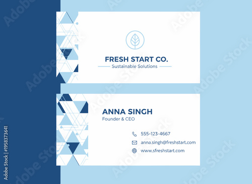 Business card design displays company logo and founder details clearly