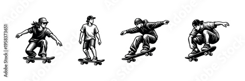 Black and white vector illustrations of skateboarders performing tricks in dynamic poses