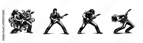 Dynamic black and white silhouette of guitarist in various rock poses, vector illustration