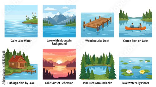 Serene lake scene with vector illustrations of calm water, mountains, wooden dock, canoe, and surrounding pine trees reflected in the lake's surface.