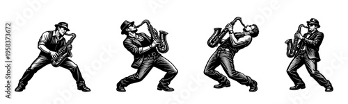 Black and white illustration of jazz musicians playing saxophones vector silhouette music theme