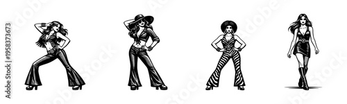 Black and white female silhouette character illustrations in vintage fashion style