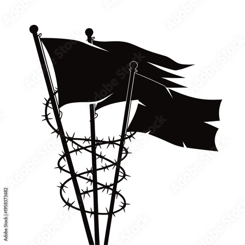 Black flags with barbed wire a symbol of conflict and resistance
