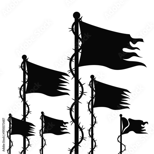 Black silhouette of tattered flags with thorns on poles displayed