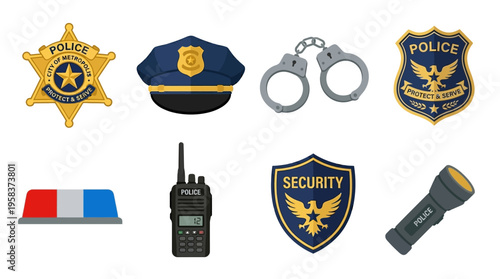 Police officers use security equipment like handcuffs and radios for law enforcement purposes vector graphics.