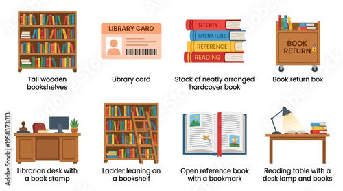 Vector illustration of a library interior with tall wooden bookcases, librarian desk, and reading table with vector books and library cards on a wooden floor with shelves.