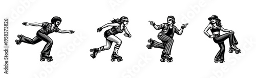 Retro roller skaters vector illustration, black and white silhouette of diverse people, sport theme