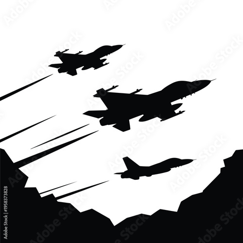 Silhouetted fighter jets soar through a canyon leaving vapor trails