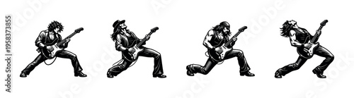 Vintage rock guitarist silhouette vector, set of four musicians playing electric guitars illustration