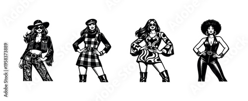 Vector illustration of fashionable women in various retro outfits, black and white silhouette design