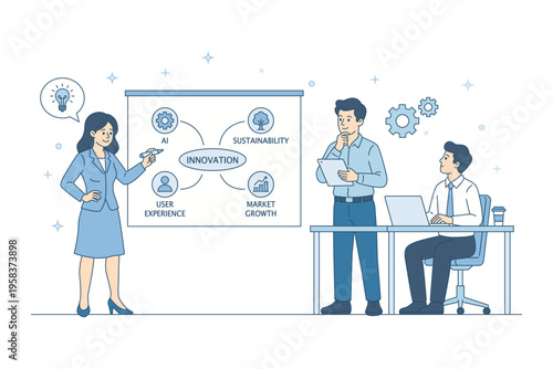 Innovation concept in business. Creative team meeting with presentation board showing AI, UX and market trends. Professional collaboration, brainstorming and startup development. Flat line vector art.